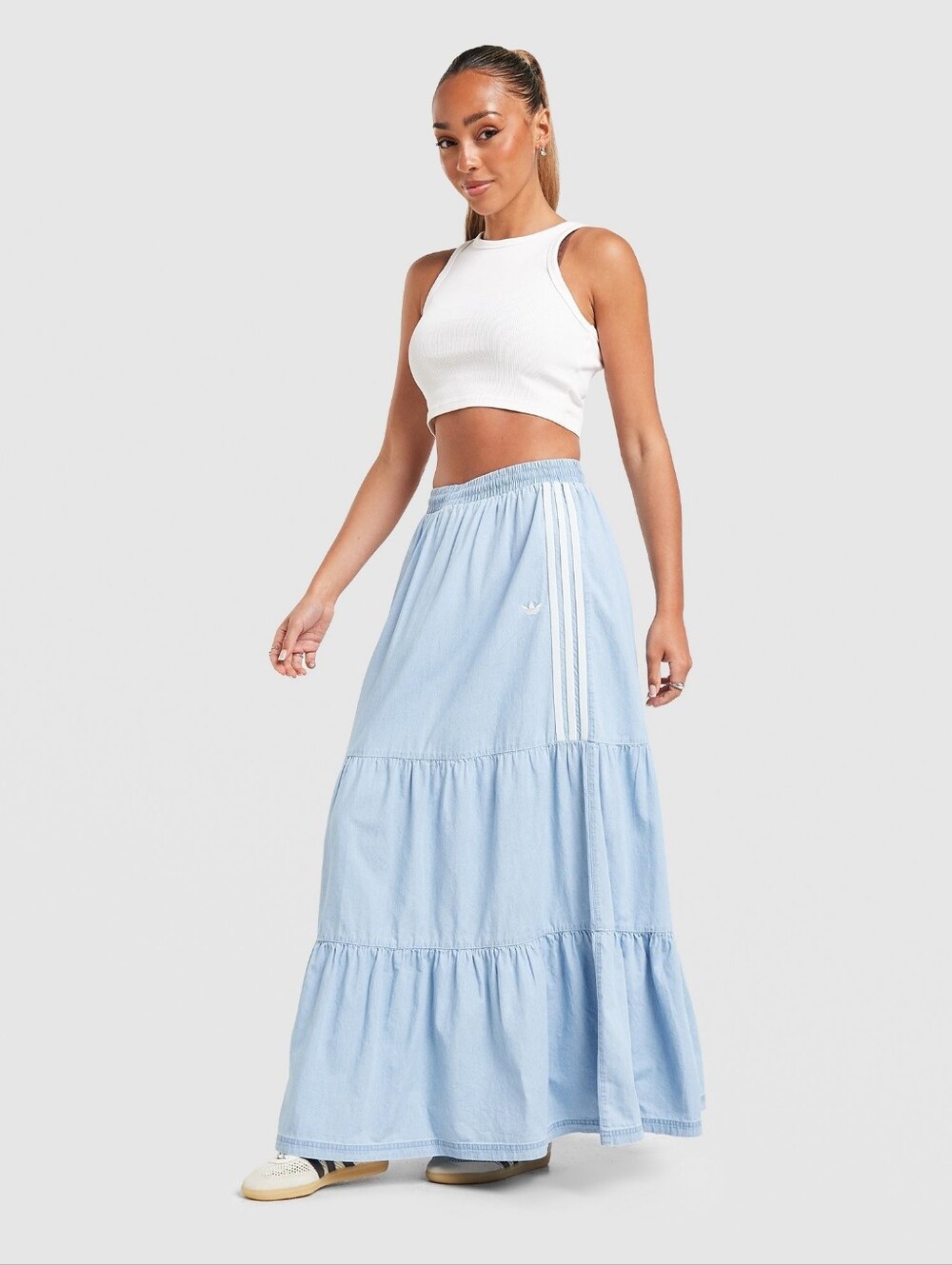 Adidas Originals Summer Glow Denim Maxi Skirt Tiered Light Blue White Strips Nwt